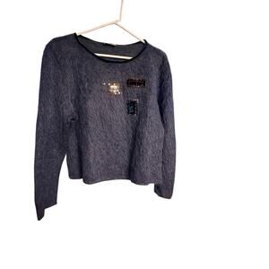 Cocolori Mohair Blue Gray Long Sleeve  Embellished Front Made in Italy Sweater